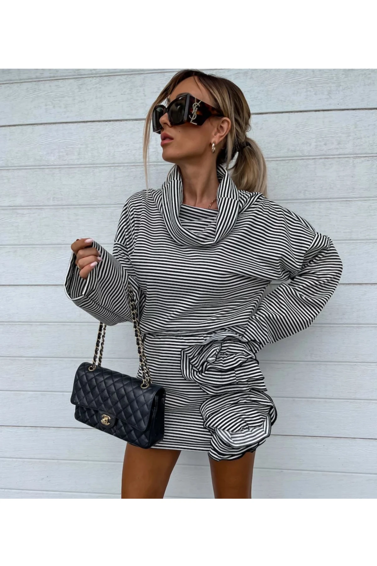 Dalgıç Kumaş Çizgili Çiçek Detaylı 2 Li Takım