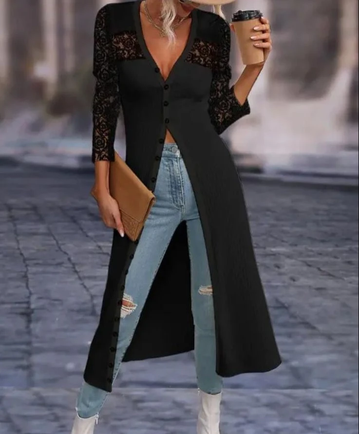 Dalgıç Kumaş Dantel Detaylı Komple Düğmeli Elbise