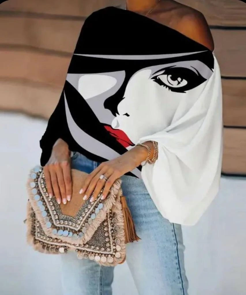 Dalgıç Kumaş Dijital Baskı Detaylı Bluz