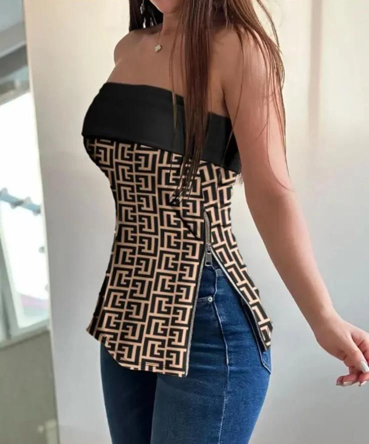 Dalgıç Kumaş Dijital Baskı Fermuar Detaylı Bluz