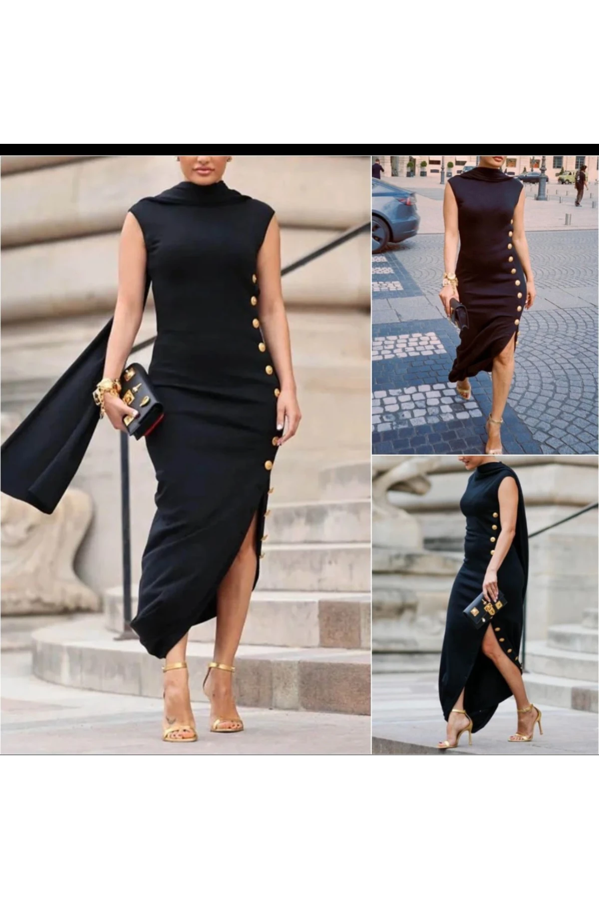 Dalgıç Kumaş Düğme Detaylı Şal Aksesuarlı Elbise