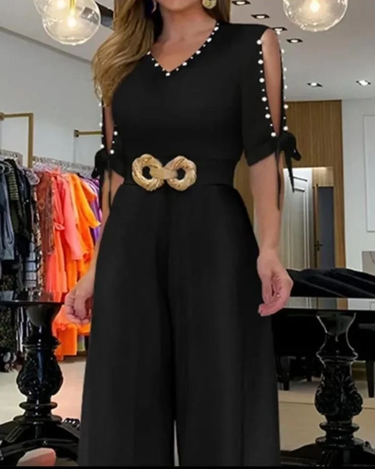 Dalgıç Kumaş İnci Detaylı Kemerli Tulum