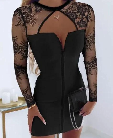 Dalgıc Kumaş İthal Dantel ve Fermuar Detaylı Elbise