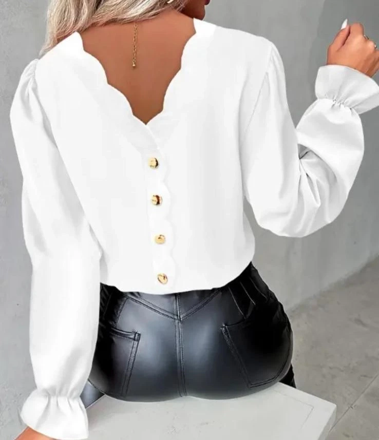 Dalgıç Kumaş Lazer Kesim Sırt Düğme Detaylı Bluz