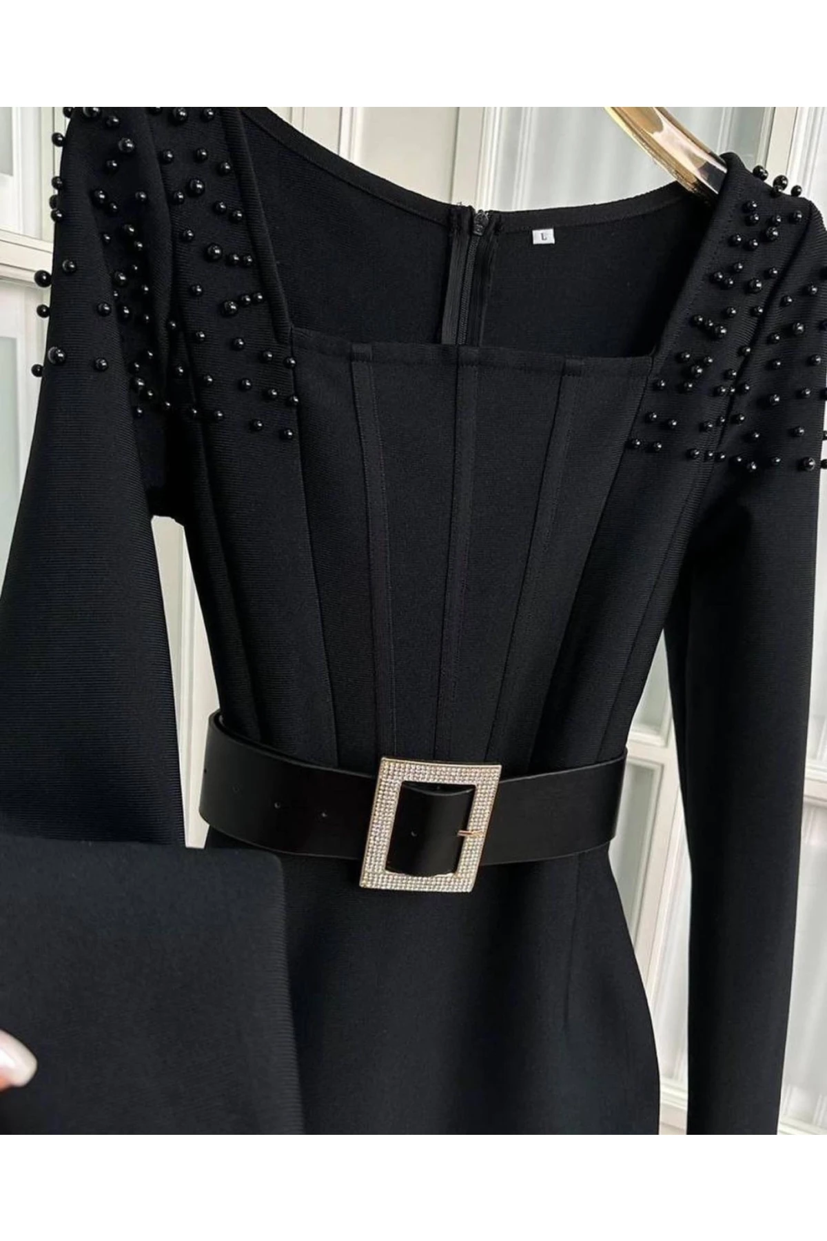 Dalgıç Kumaş Otriş ve İnci Detaylı Elbise