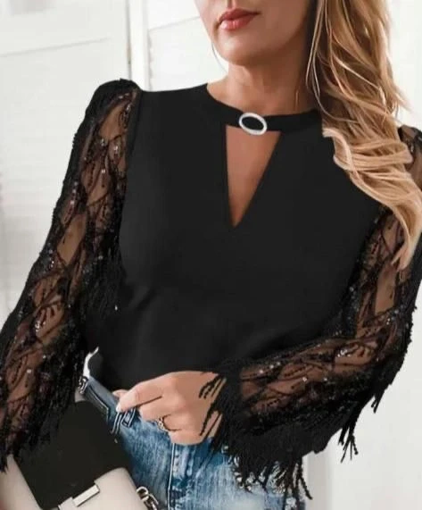 Dalgıç  Kumaş Sacaklı Payet Detaylı Bluz