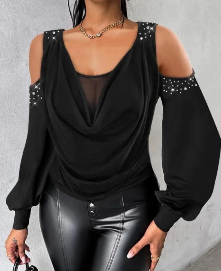 Dalgıç Kumaş Taş ve Tül Detaylı Bluz