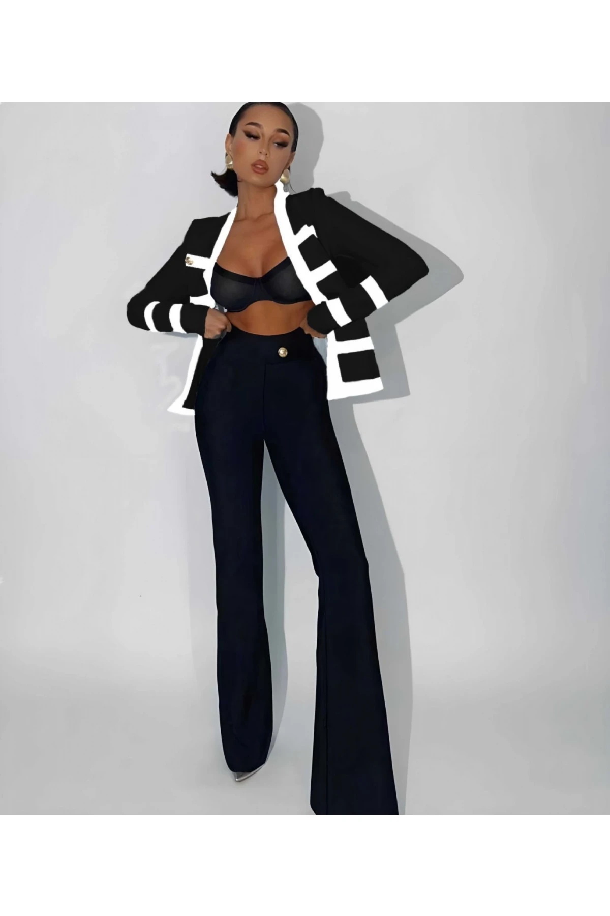 Dalgıç Kumaş Vatka ve Düğme Detaylı Ceket Pantolon Takım