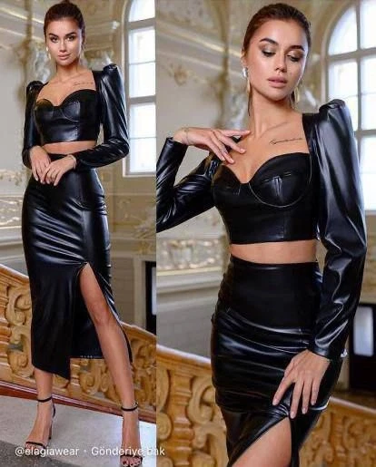 Deri  Bustiyer Etek Takım