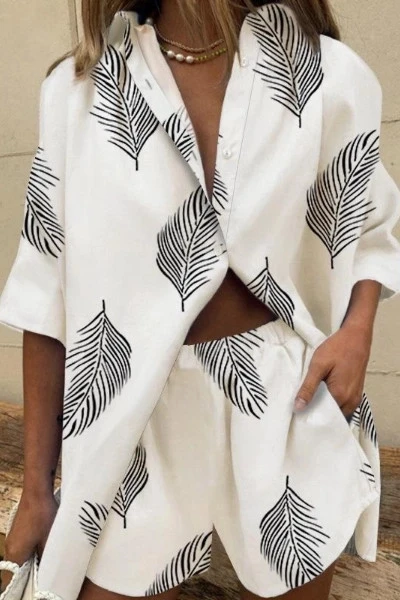 Desenli Keten Şort &Gömlek Takım