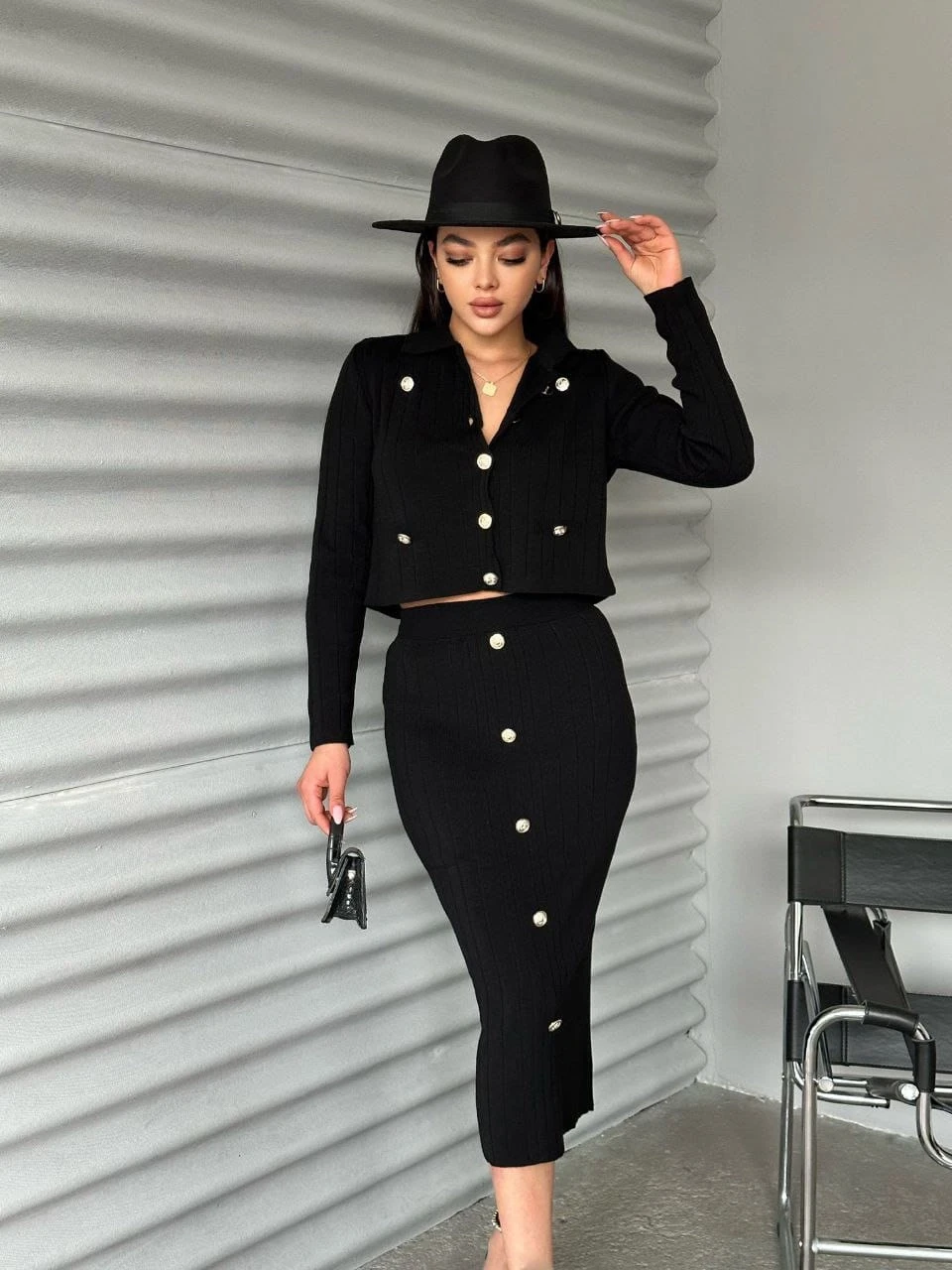 Düğme Detaylı Etek Triko Takım