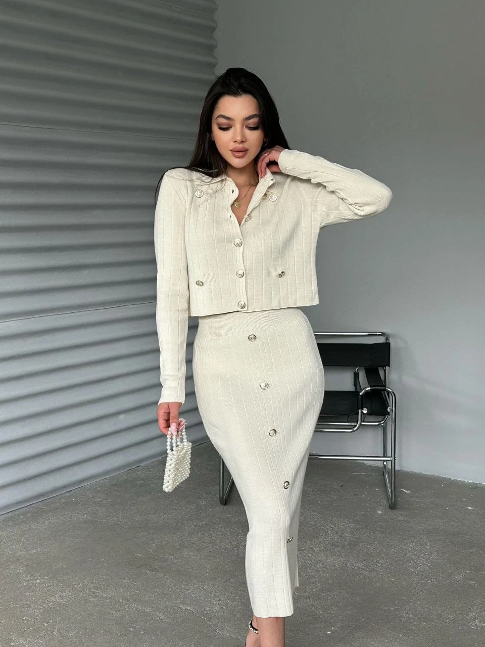 Düğme Detaylı Etek Triko Takım