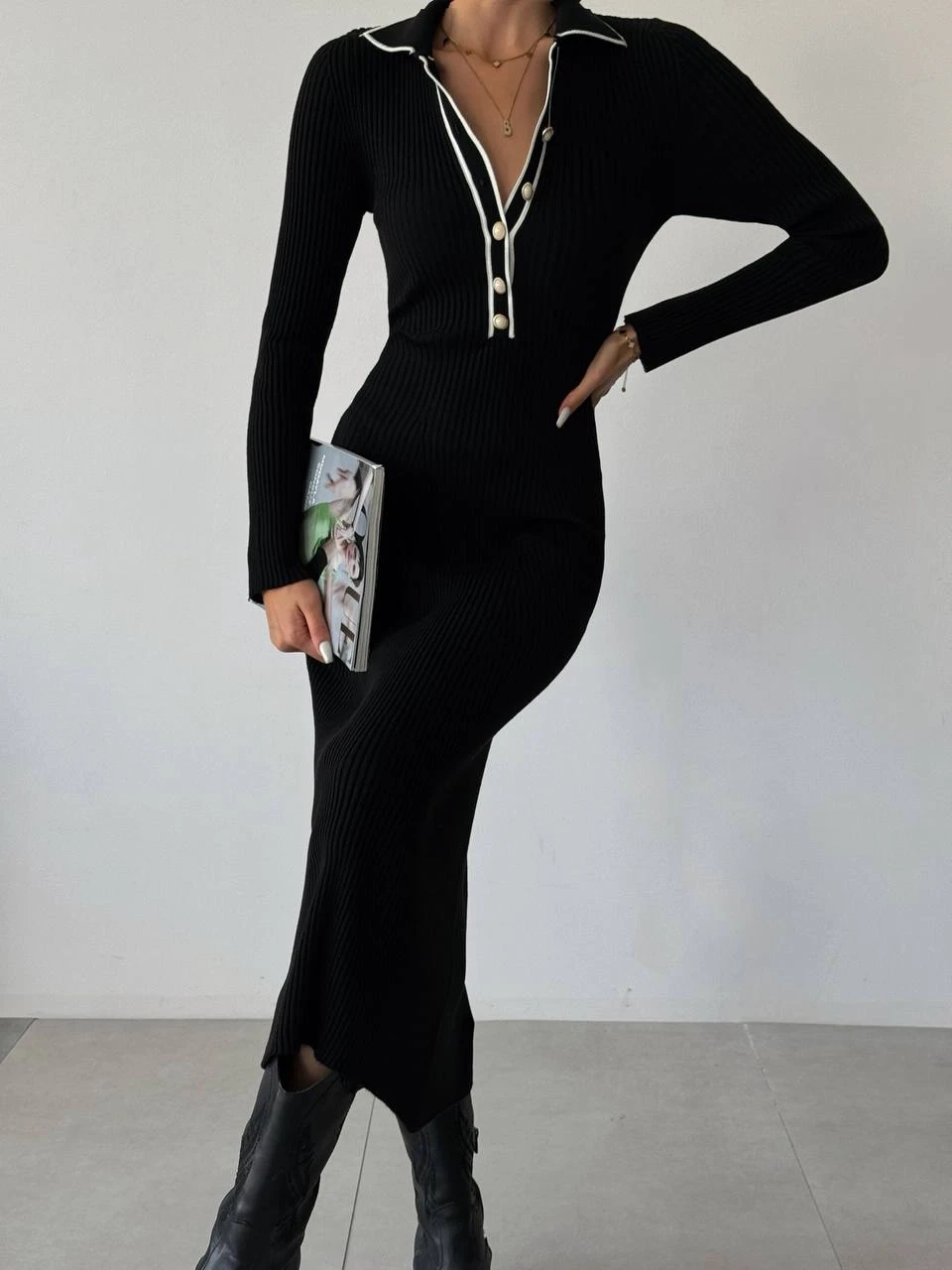 Düğmeli Maxi Boy Triko Elbise