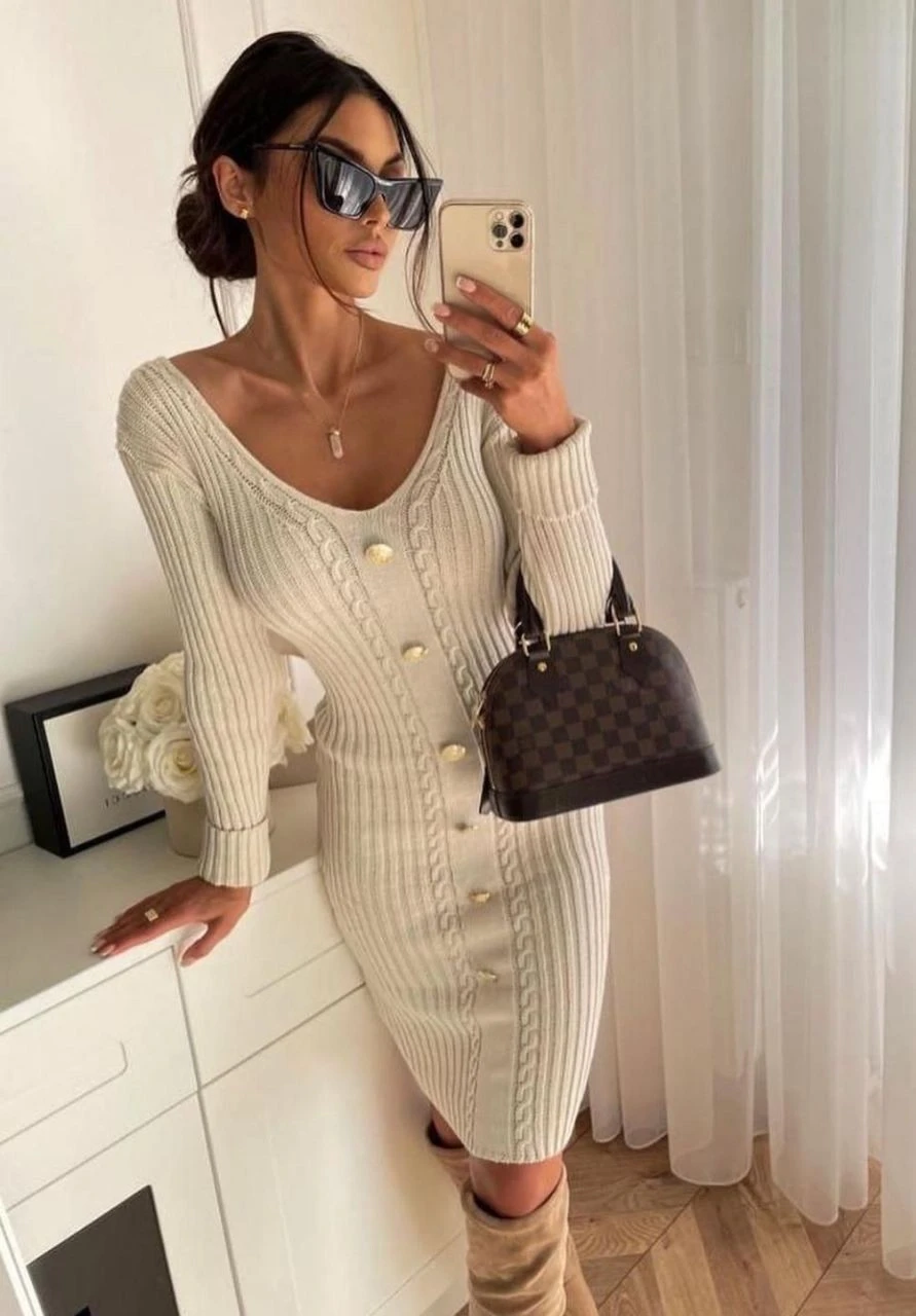 Düğmeli Triko Elbise