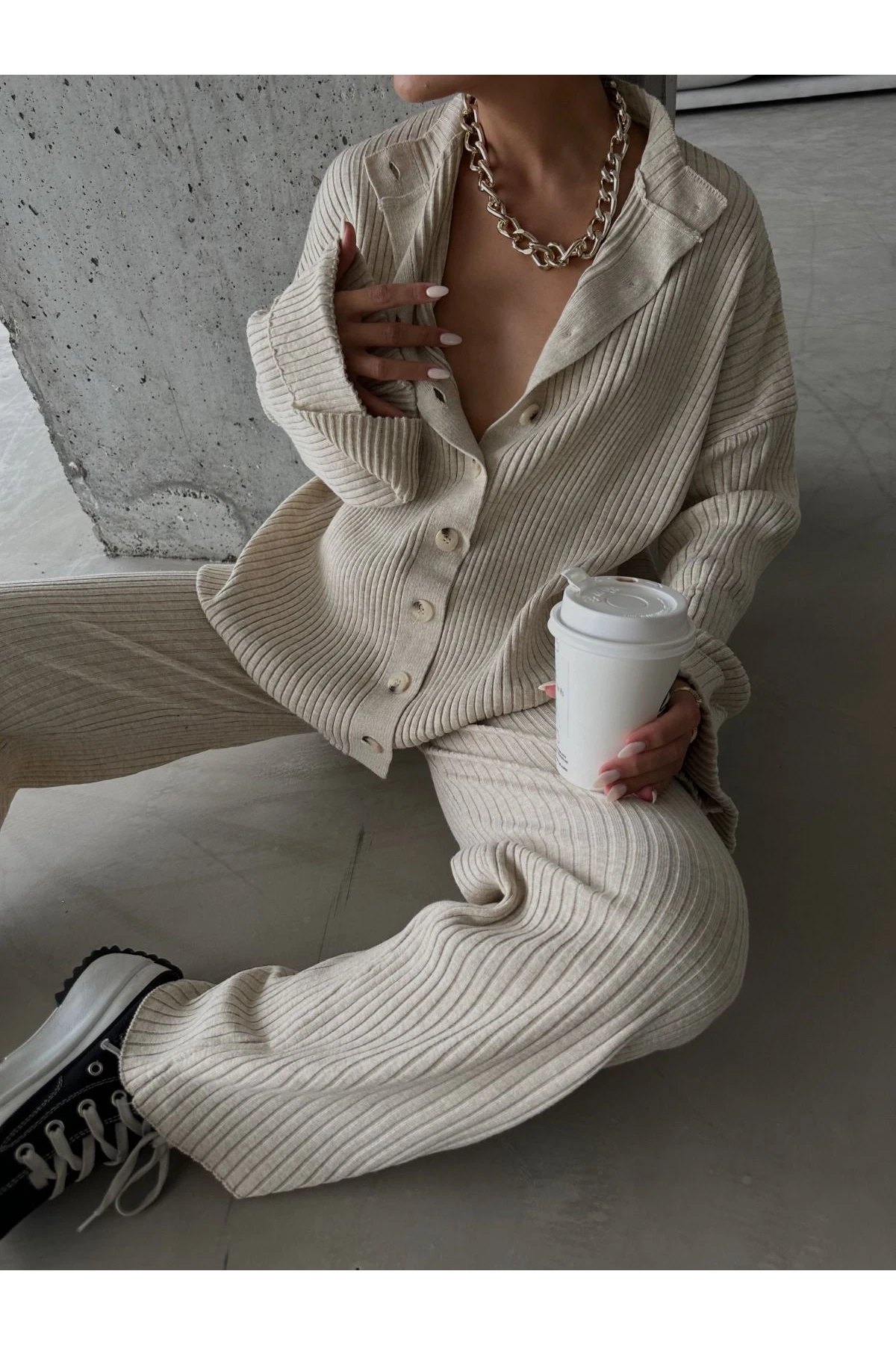 Düğmeli Triko Takım