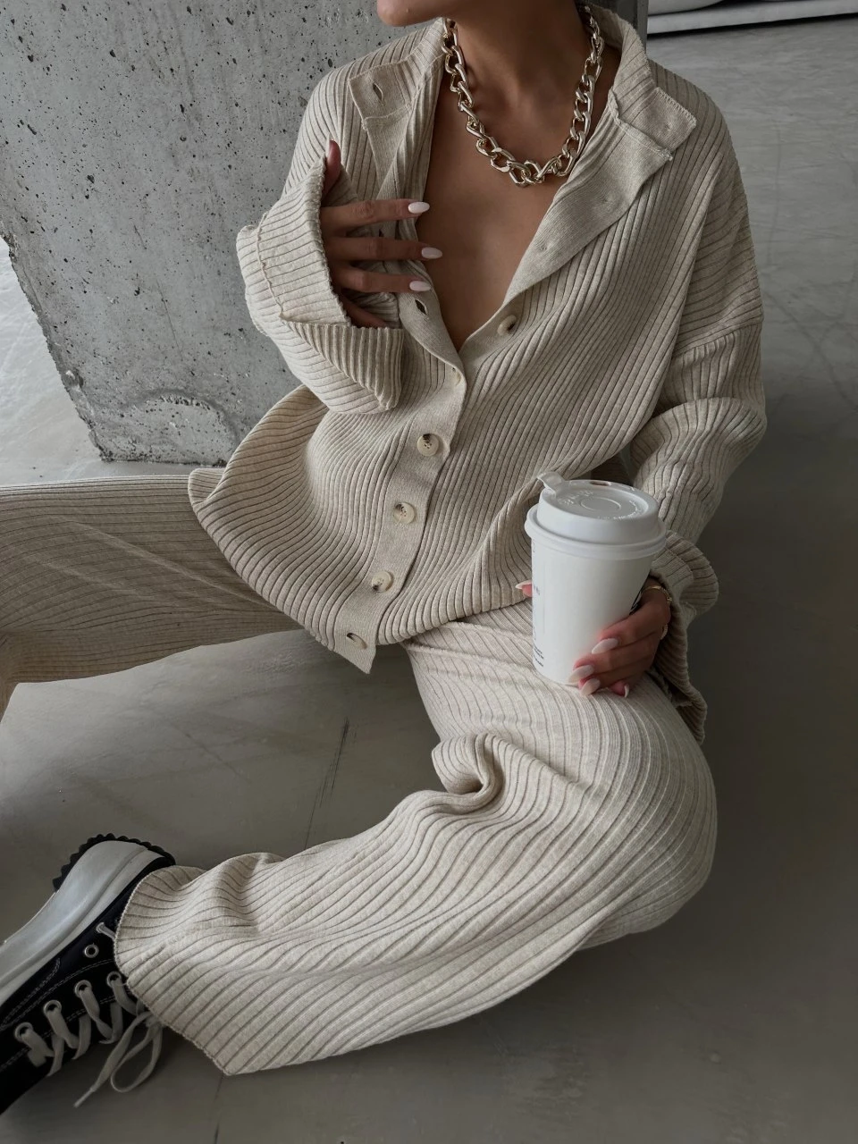 Düğmeli Triko Takım