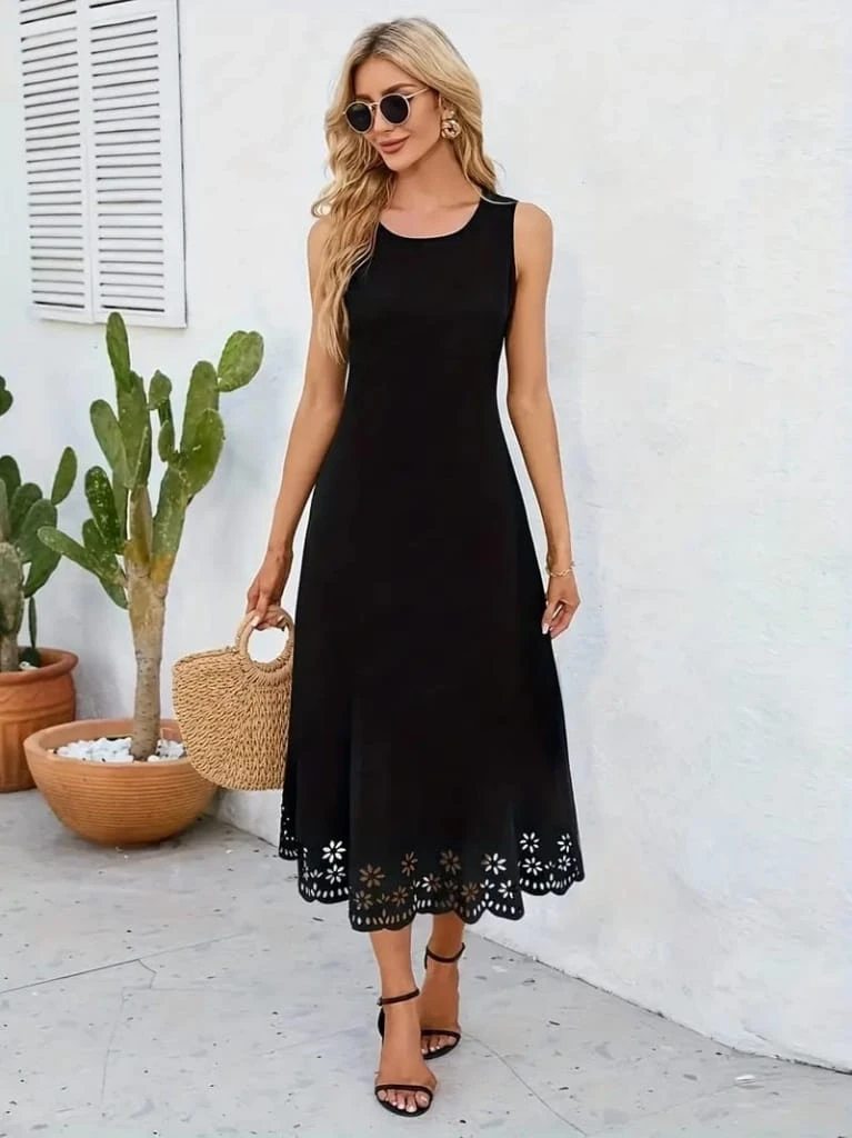 Etek Ucu Lazer Kesim Çiçek Desenli Midi Boy İthal Krep Elbise