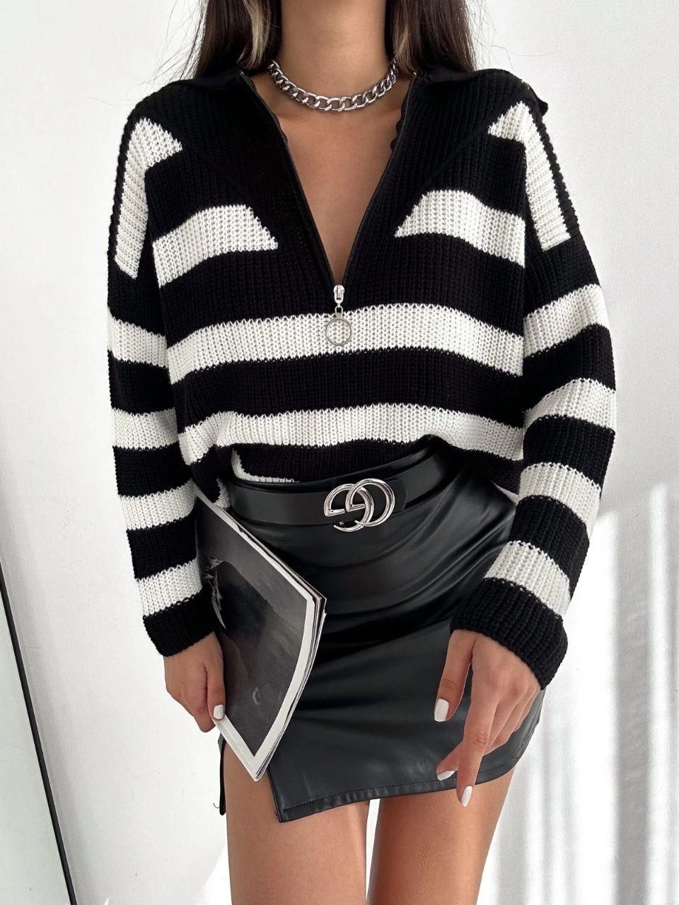 Fermuarlı Çizgi Desen Triko