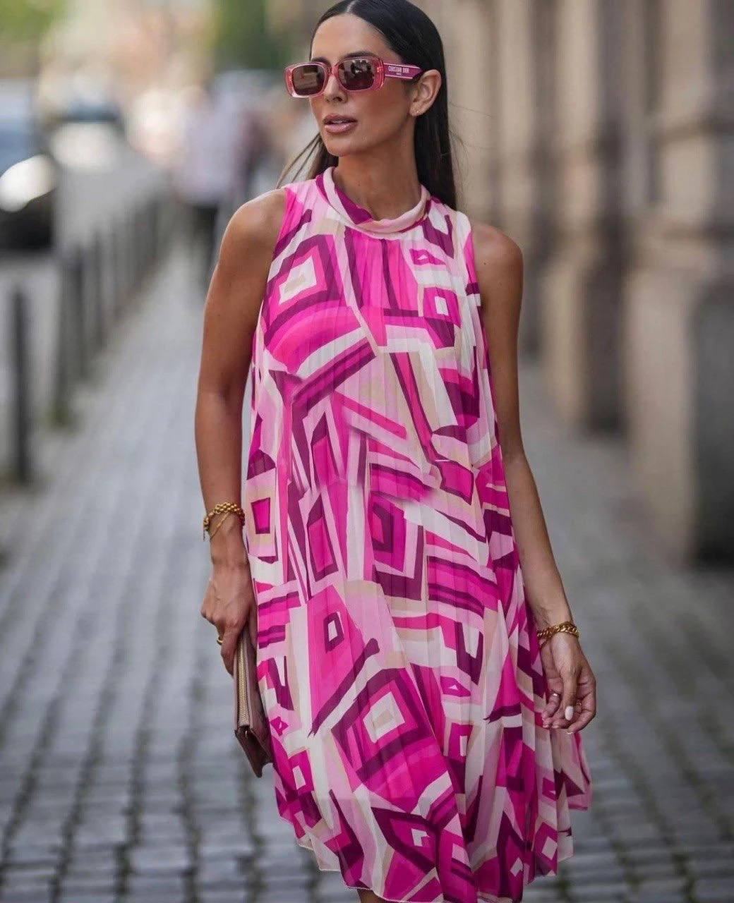 Geometrik Desen Şifon Piliseli Elbise