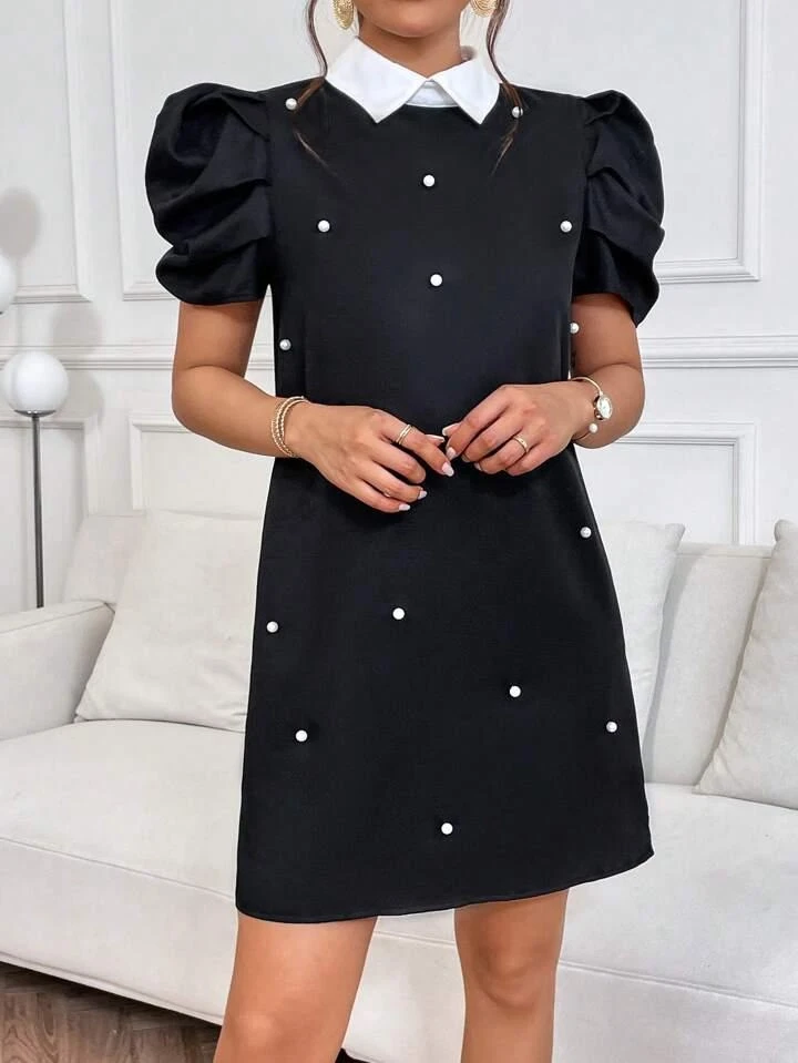 Gömlek Yakalı İncili Dalgıç Kumaş Elbise