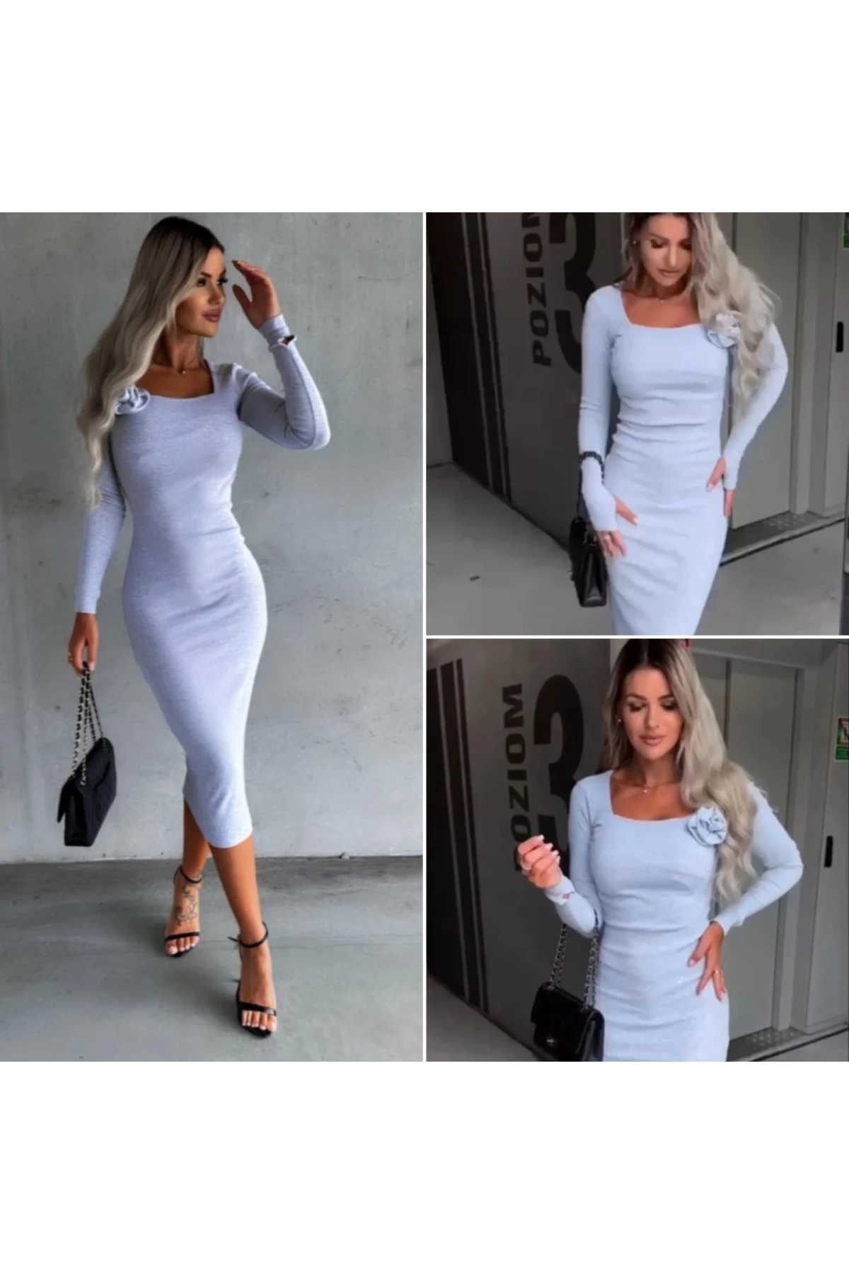 Gül Aksesuarlı Parmak Dekolteli Kaşkorse Elbise