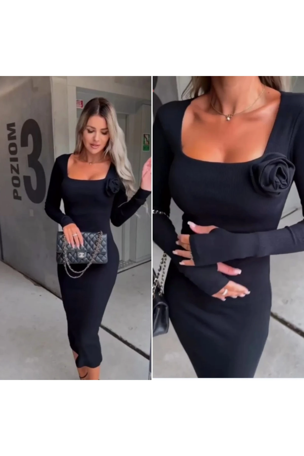 Gül Aksesuarlı Parmak Dekolteli Kaşkorse Elbise