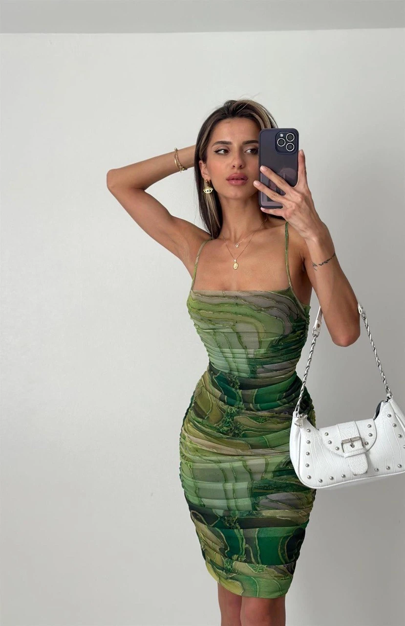 İp Askılı Desenli Kalem Elbise