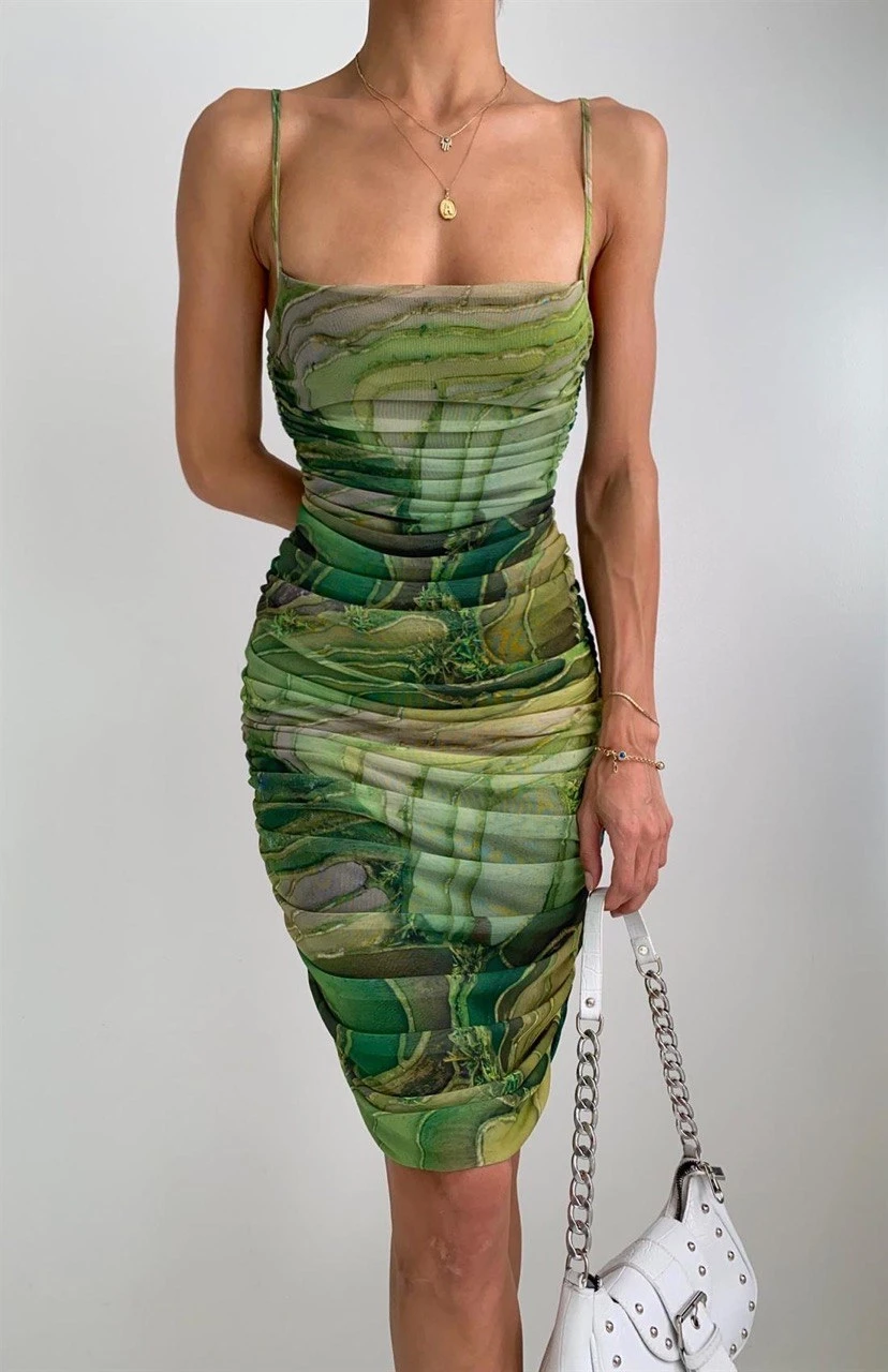 İp Askılı Desenli Kalem Elbise