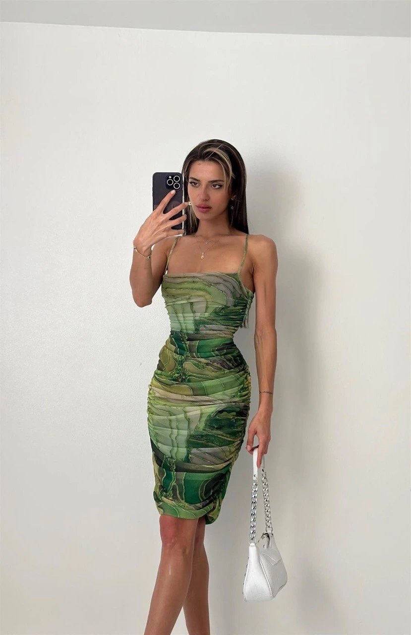 İp Askılı Desenli Kalem Elbise