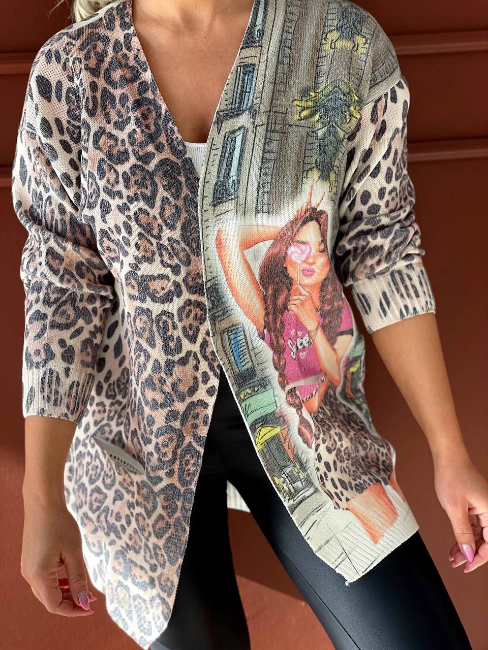 Italyan Örgü Leopr Desen Triko HIrka