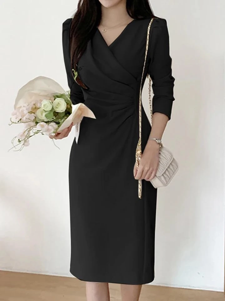 İthal Atlas Kumaş Kruvaze Yaka Elbise