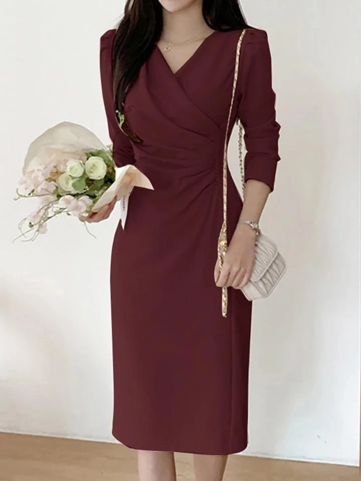 İthal Atlas Kumaş Kruvaze Yaka Elbise