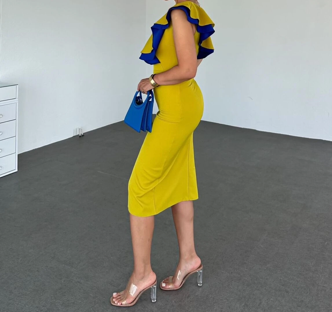 İthal Dabıl Kumaş Garnili Detaylı Elbise