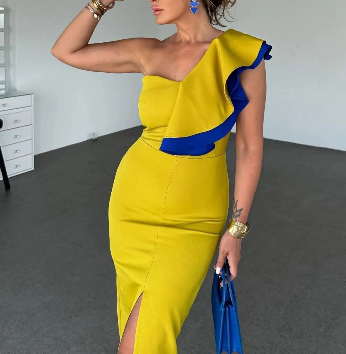 İthal Dabıl Kumaş Garnili Detaylı Elbise