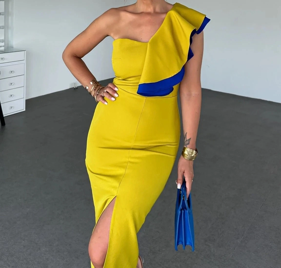 İthal Dabıl Kumaş Garnili Detaylı Elbise