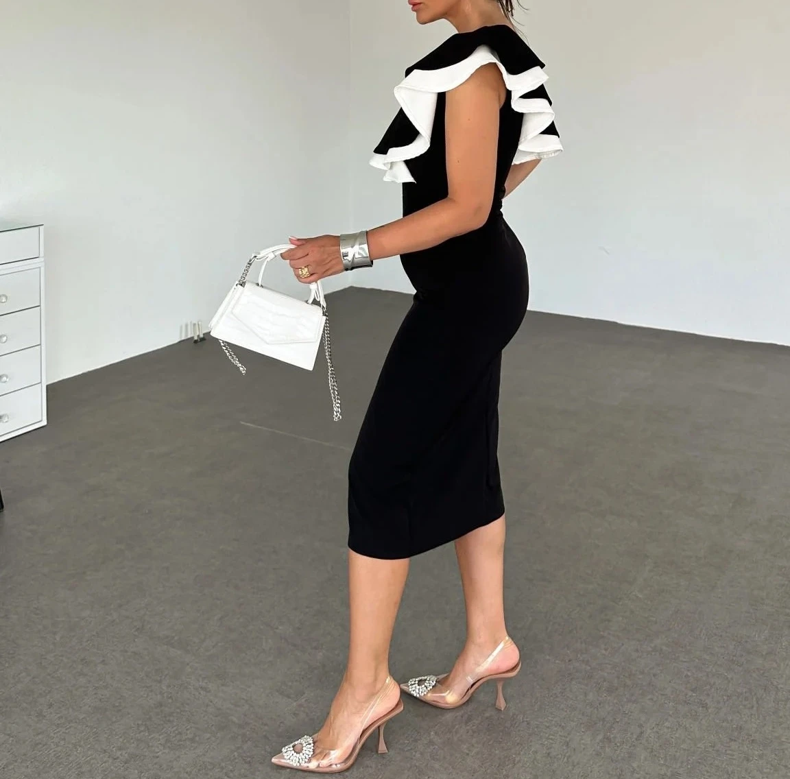 İthal Dabıl Kumaş Garnili Detaylı Elbise