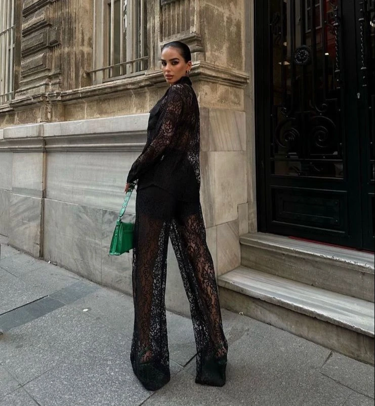 İthal Dantel Pantolon Astarlı , Gömlek Yaka ve Cep Saten Kumaş Detaylı 2 li Takım