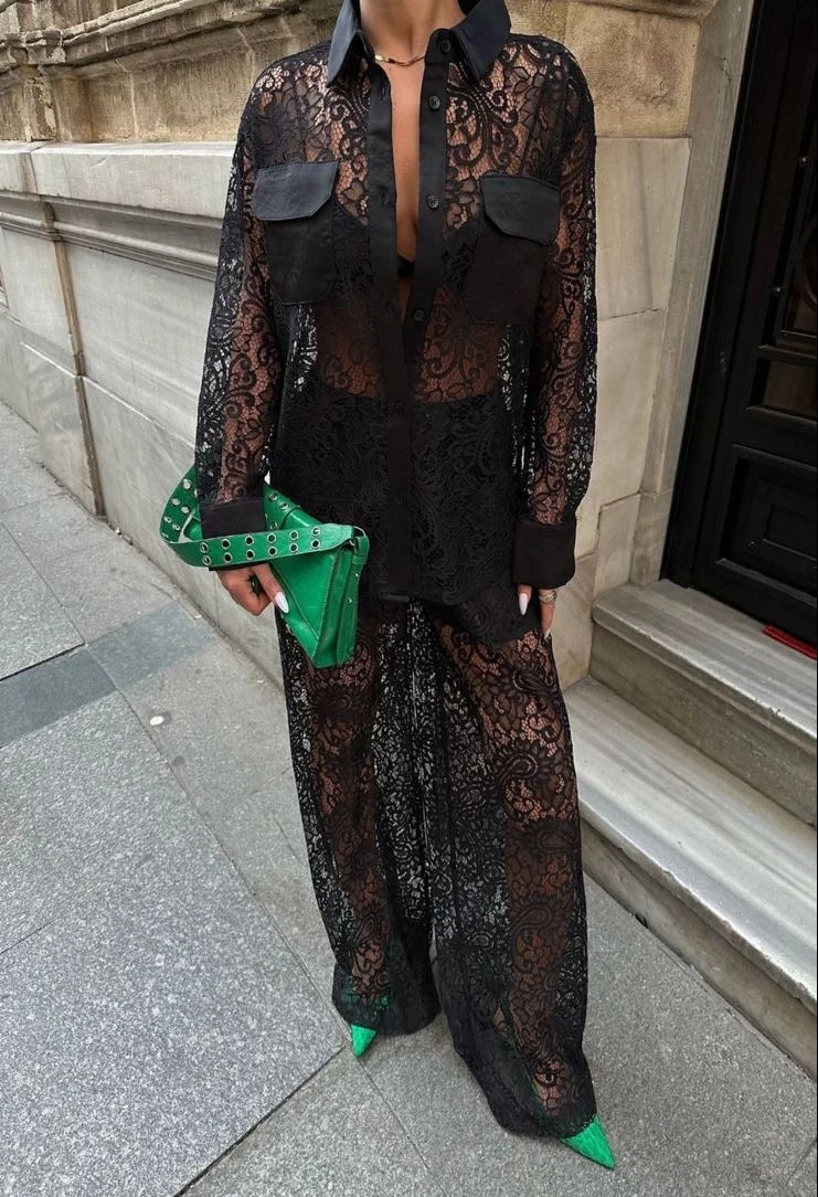 İthal Dantel Pantolon Astarlı , Gömlek Yaka ve Cep Saten Kumaş Detaylı 2 li Takım