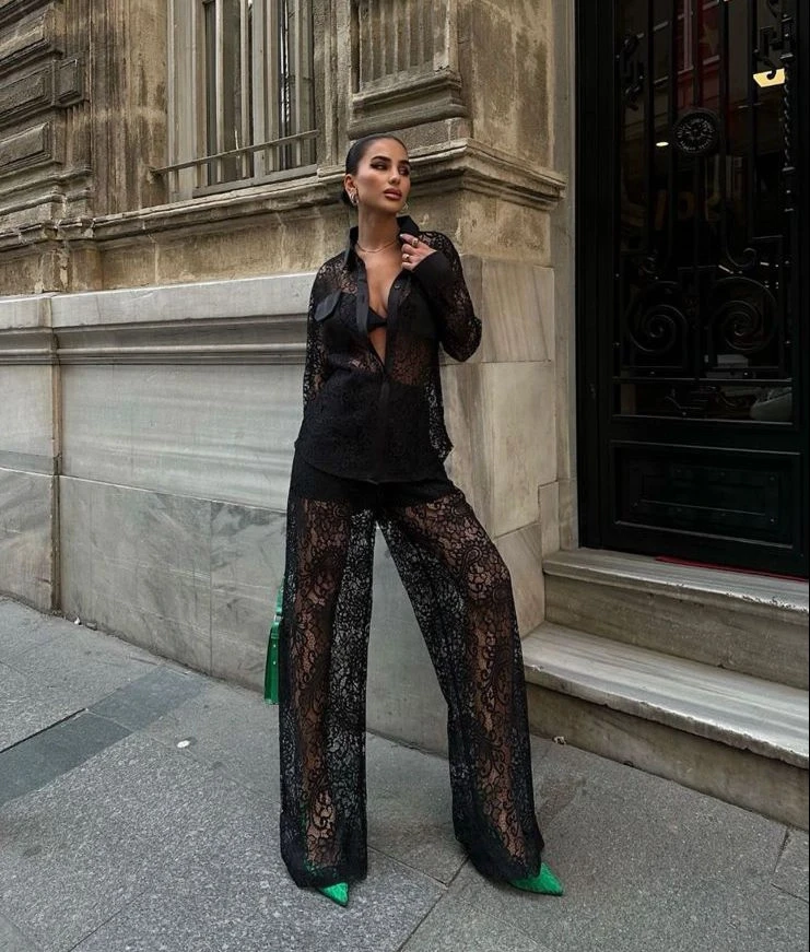 İthal Dantel Pantolon Astarlı , Gömlek Yaka ve Cep Saten Kumaş Detaylı 2 li Takım