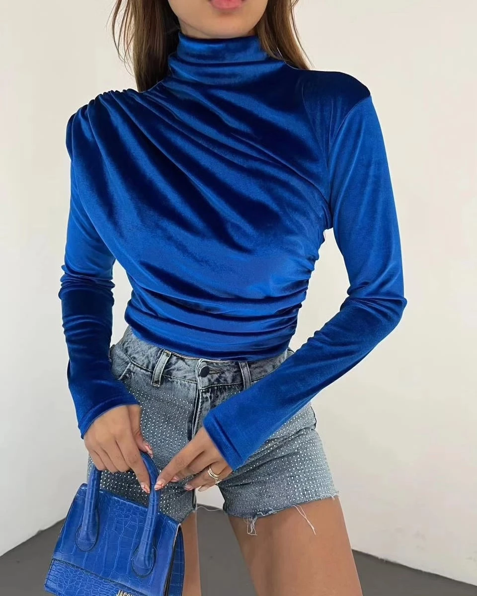 İthal İnci Kadife Kumaş Omuz ve Bel Pile Dik Yaka Bluz