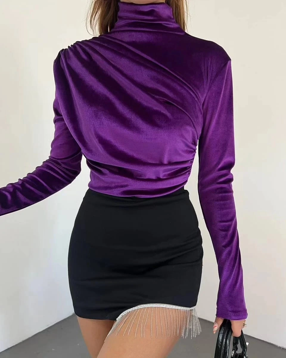 İthal İnci Kadife Kumaş Omuz ve Bel Pile Dik Yaka Bluz