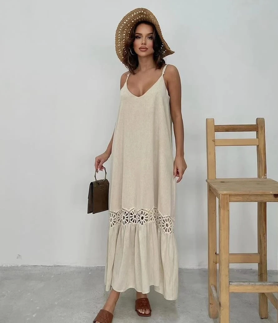 İthal Keten Dantel Detaylı Askılı Elbise