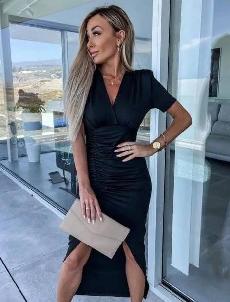 Ithal Mikro Kumaş Kısa Kollu Yırtmaçlı Elbise