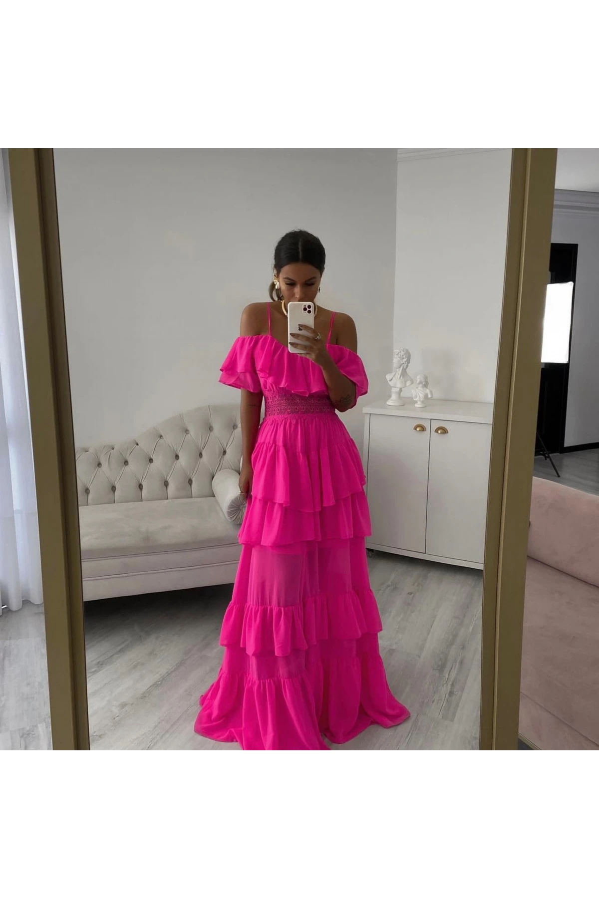 İthal Multi Şifon Kumaş Dantel Detaylı Elbise