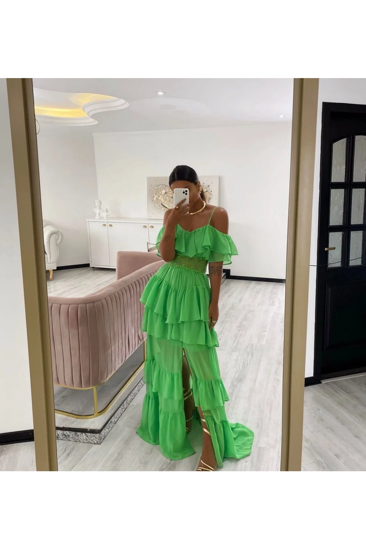 İthal Multi Şifon Kumaş Dantel Detaylı Elbise