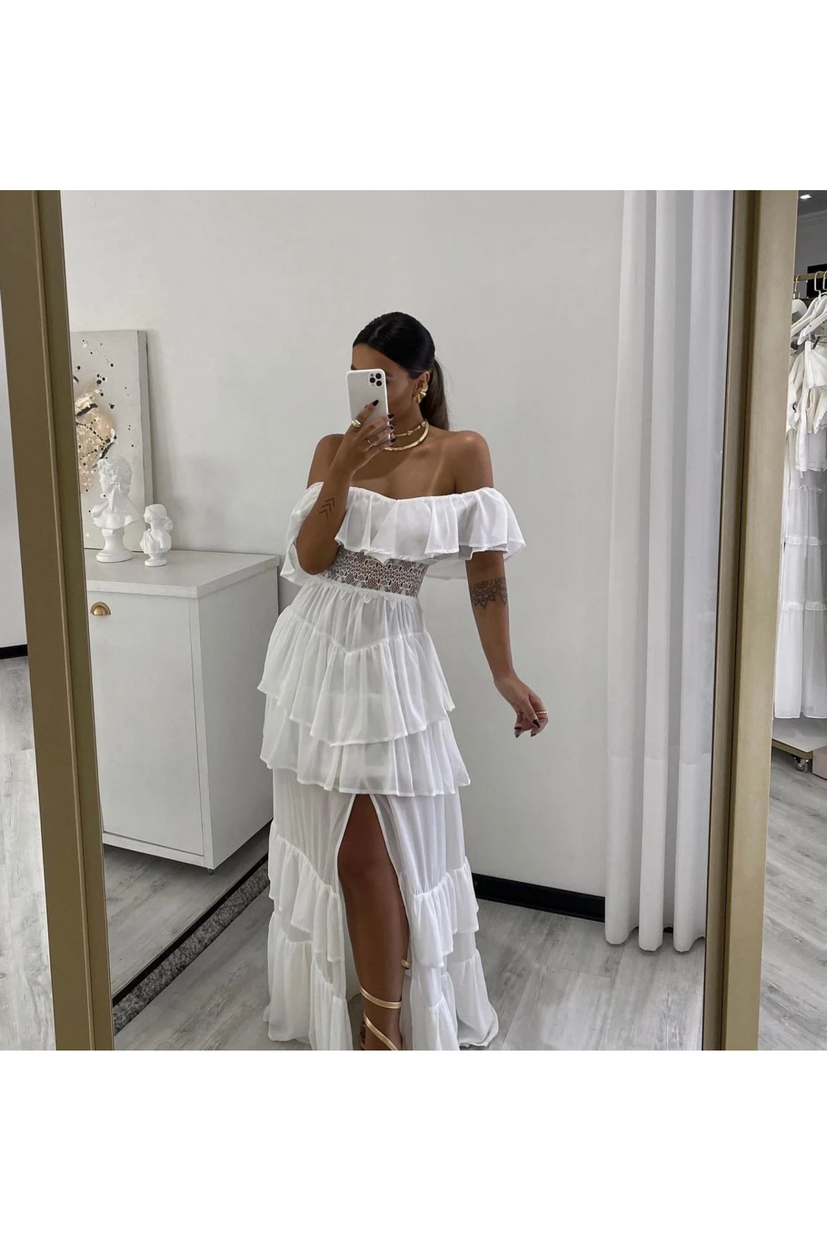 İthal Multi Şifon Kumaş Dantel Detaylı Elbise