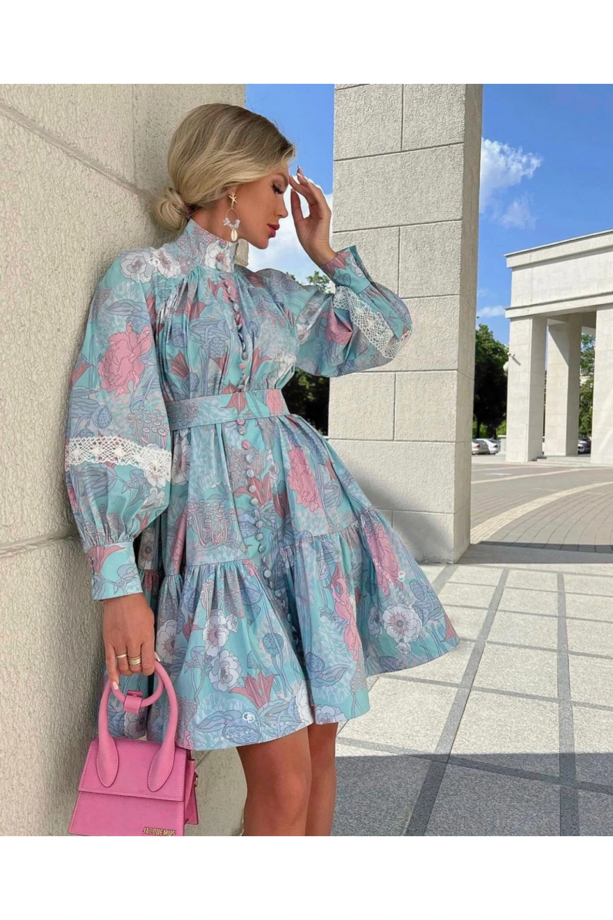 İthal Ottom kKaş Kaplama Dügme ve Dantel Detay Elbise