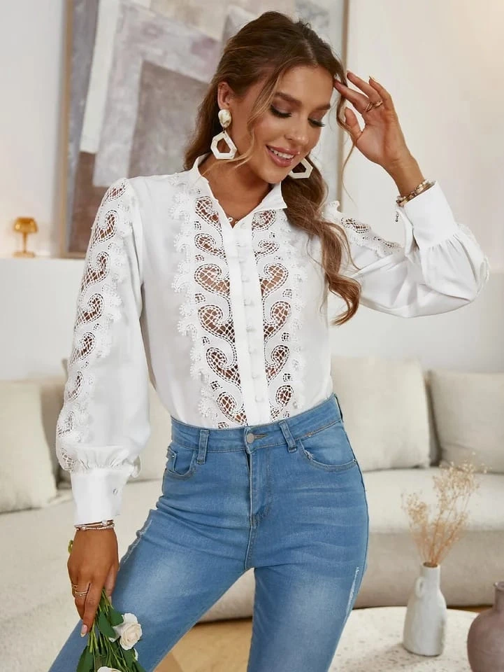 İthal Ottom Kumaş Dantel Detaylı Gömlek