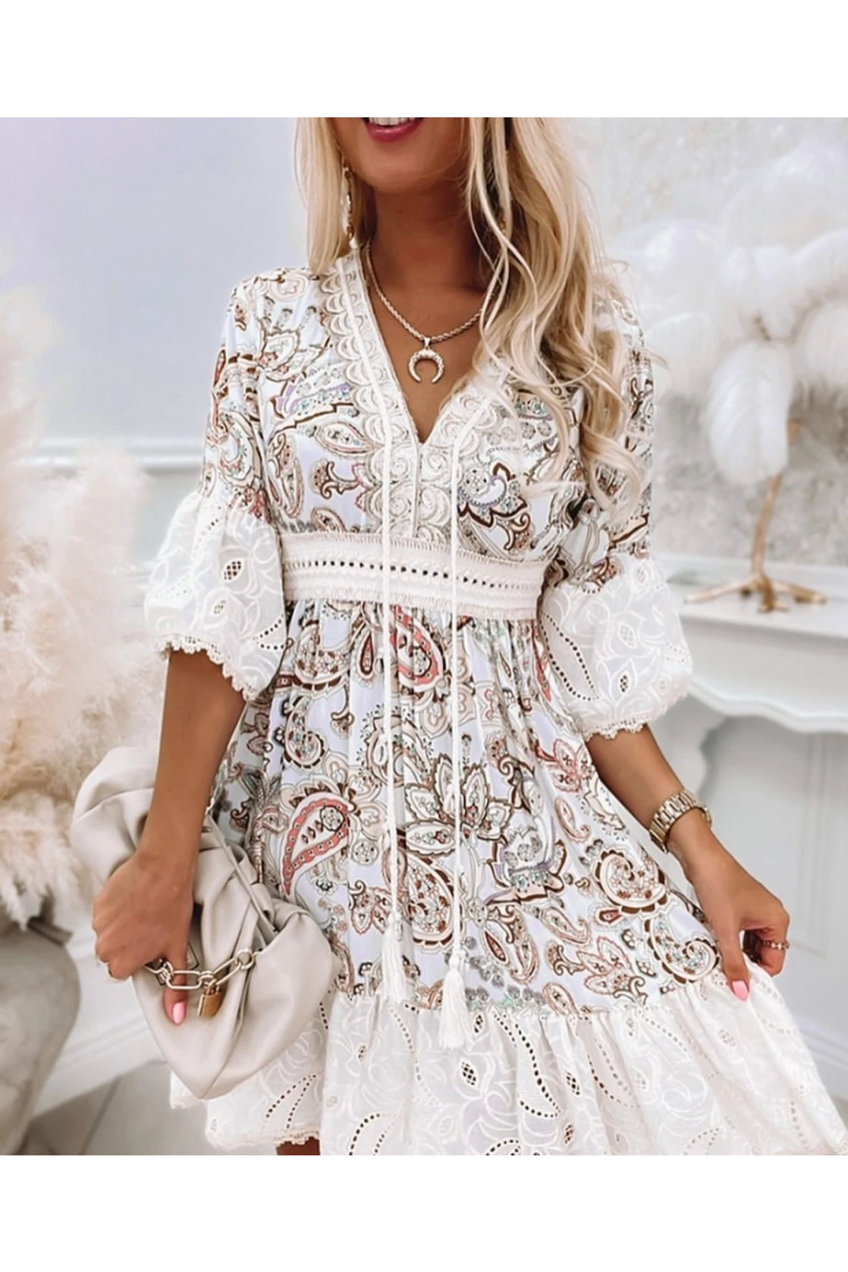 İthal Ottom Kumaş Güpür Detaylı Elbise