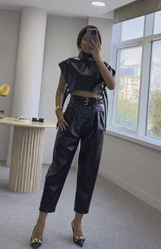 İthal Parlak Deri Kumaş 2 li Kemer Detaylı Takım